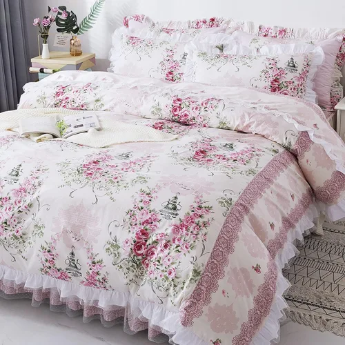 Miniatura 5 de FADFAY, Juego de ropa de cama romántica con estampado de flores, juego de cama floral, funda de edredón con volantes de encaje de princesa