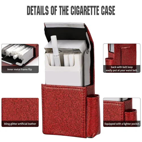 Miniatura 3 de bvya Juego de 2 cajas de cigarrillos deslizantes de piel sintética unisex con soporte para encendedor y trabilla para cinturón 2 piezas#e