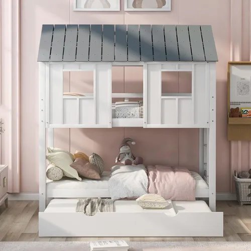 Miniatura 4 de JIVOIT Litera de madera con diseño de techo y ventanas, litera individual sobre individual con nido y escalera integrada para niños, adolescentes