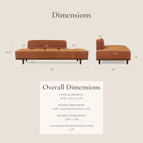 Miniatura 2 de Poly & Bark Jasper Daybed – Cognac Tan – Tapicería de cuero puro de anilina de grano completo – Marco de madera de fresno teñido de nuez, 6.6 pies