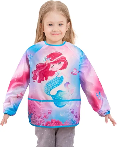 Miniatura 17 de WERNNSAI Bata de arte para niños impermeable con manga larga y 3 bolsillos de pintura Dinosaurio B001