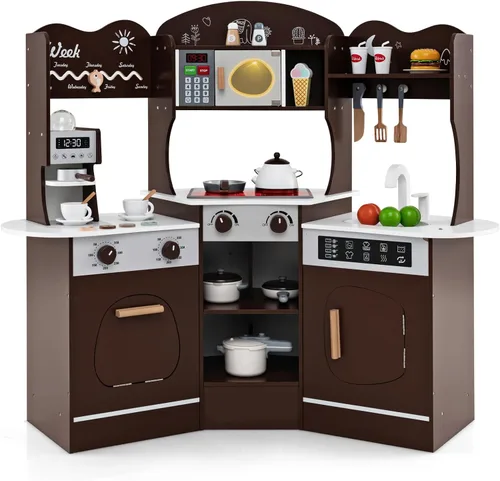 Miniatura 14 de Costzon Juego de cocina esquinera para niños, juego de cocina de juguete de madera con campana extractora de luces y sonidos, máquina de hielo