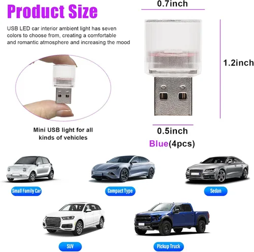 Miniatura 2 de 4 luces LED USB para el interior del automóvil, con interfaz automotriz USB enchufable, lámparas nocturnas de carga, mini luz LED