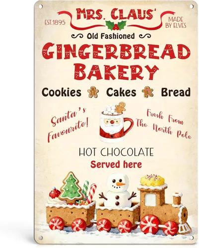 Señal de panadería de pan de jengibre con texto en inglés "Mrs Claus" - Letrero de lata de Navidad vintage, decoraciones navideñas de pan de
