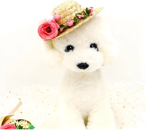 Miniatura 7 de NACOCO Sombrero de paja de girasol, hecho a mano, encantador, accesorio para fotografía de perros y gatos pequeños (S, gato rosa)