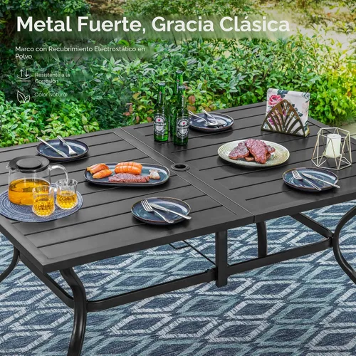 Miniatura 6 de PHI VILLA Juego de comedor al aire libre de 7 piezas con cojín, mesa de comedor rectangular de metal de 60 pulgadas con agujero para sombrilla y 6