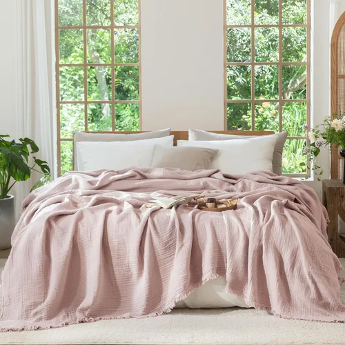 Miniatura 26 de MooMee - Manta de muselina 100% algodón, manta de 4 capas de gasa con borlas, ultra suave, transpirable, ligera y refrescante para cama y sofá Verde