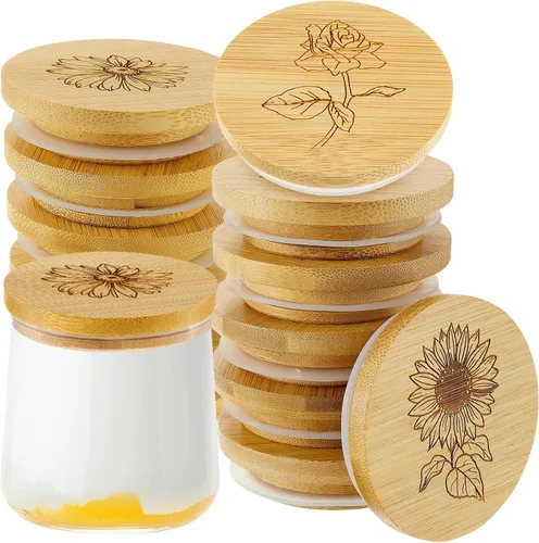 Miniatura 8 de Gueevin Juego de 24 tapas para tarros de yogur a granel de madera de bambú compatibles con tarros de yogur Oui, redondos, reutilizables, con anillos