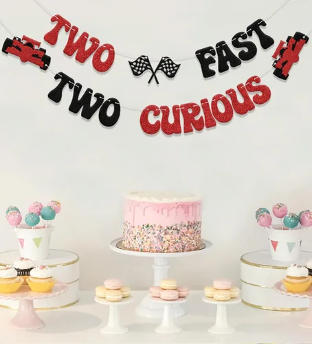 Miniatura 4 de Cartel de Two Fast Two Curious, decoración de segundo cumpleaños de niño para carreras de segunda fiesta, suministros de fiesta de auto de carreras