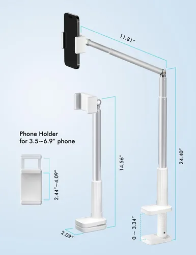 Miniatura 4 de Viozon Soporte para teléfono, brazo largo flexible, montaje superior, ángulo ajustable de 360°, aleación de aluminio, abrazadera C para cabecero