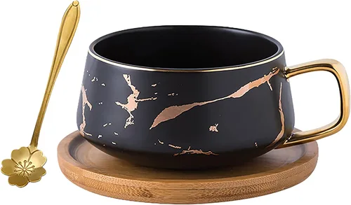 Jusalpha Juego de taza de té de 10 oz con impresión de mano dorada y platillo/Juego de taza de café y platillo de bambú TCS19 (Negro)