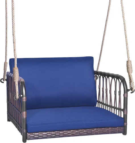 Tangkula - Columpio de ratán con asiento colgante para 1 persona y cojines de asiento y respaldo, marco de metal y 2 cuerdas resistentes para Azul
