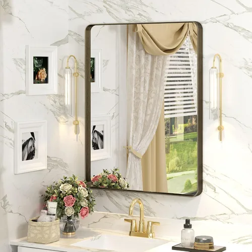 Miniatura 74 de Paquete de 2 espejos de baño con marco de metal negro de 22 x 30 pulgadas, espejo rectangular redondeado negro mate, antioxidante, se cuelga