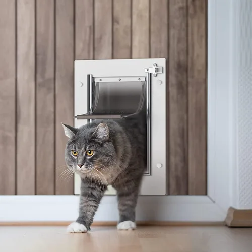 Miniatura 8 de Baboni Puerta para mascotas para pared, marco de acero y túnel telescópico, cerradura de aluminio, puerta de perro y puerta de gato con doble