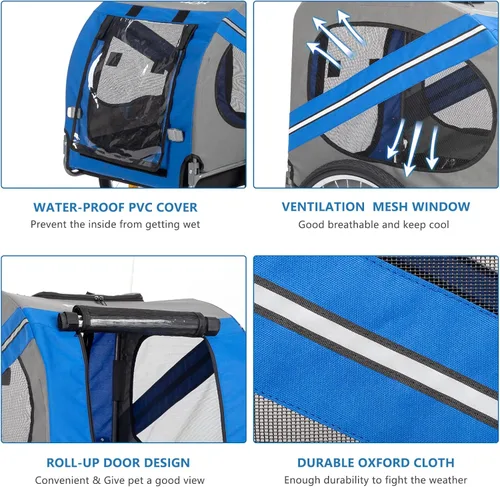 Miniatura 2 de PEXMOR Remolque de bicicleta para perros, carrito plegable para mascotas con enganche universal, transporte de carga para perro y ruedas de Azul
