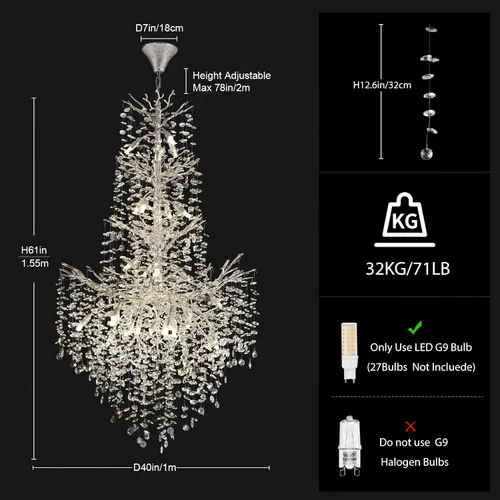Miniatura 5 de Candelabros de Cristal Plateado H61'' para Techos Altos, Candelabros de Escalera, Candelabro Moderno de Rama de Árbol de Cristal, D40'' Candelabro