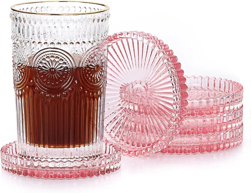 Miniatura 18 de JUXYES Juego de 5 posavasos de cristal tono ámbar redondos, tapetes para tazas de vidrio para bebidas, café, té, vino, posavasos decorativos