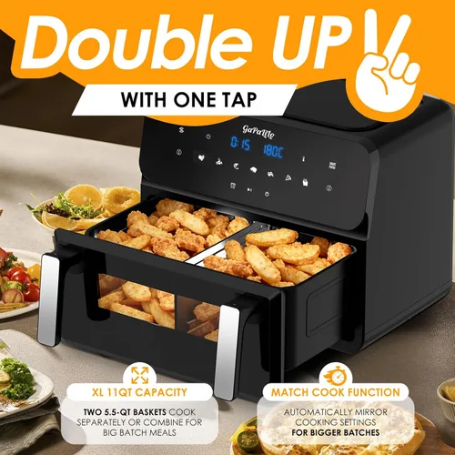 Miniatura 6 de 11QT Large Dual Zone Air Fryer, Double Basket Air Fryer with 2×5.5QT Baskets, Digital Full Touchscreen Easy-Panel, SyncCook Function, Cook 2 Dishes