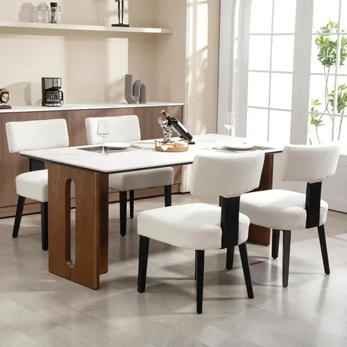 Miniatura 24 de Juego de 4 sillas de comedor, sillas de cocina de tela tapizada en madera, silla acolchada de lino sin brazos con respaldo curvo acentuado