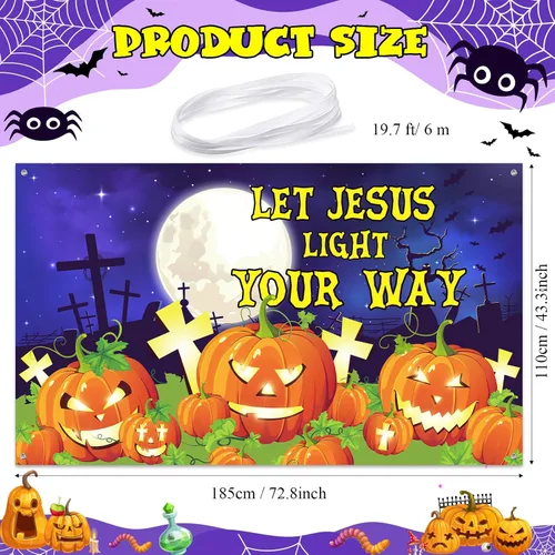 Miniatura 2 de WovWeave Pancarta de fondo de calabaza cristiana de Halloween, decoración religiosa para tronco o golosinas, 72.8 x 43.3 pulgadas, deja que Jesús