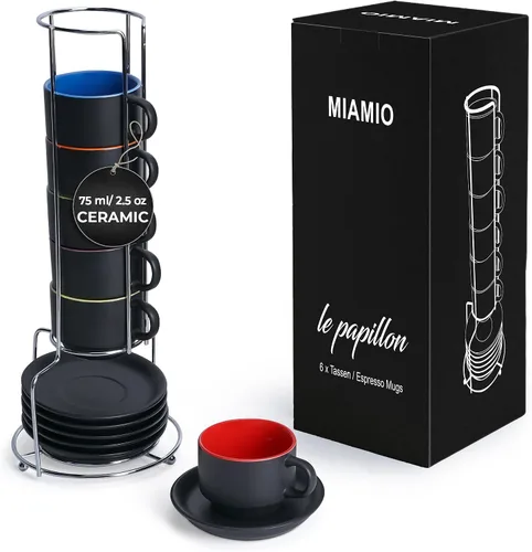 Miniatura 9 de MIAMIO - Juego de tazas de café expreso de 2.5 oz con platillos, juego de tazas de café de 6 piezas - Taza de café de cerámica apilable, taza