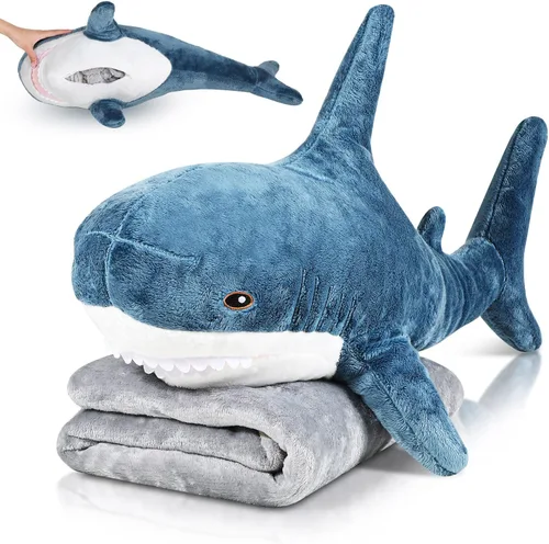 HyDren Juguete de peluche 2 en 1 de tiburón con manta de 32 pulgadas, manta de almohada de peluche gigante grande y grande, muñeca suave para bebés,