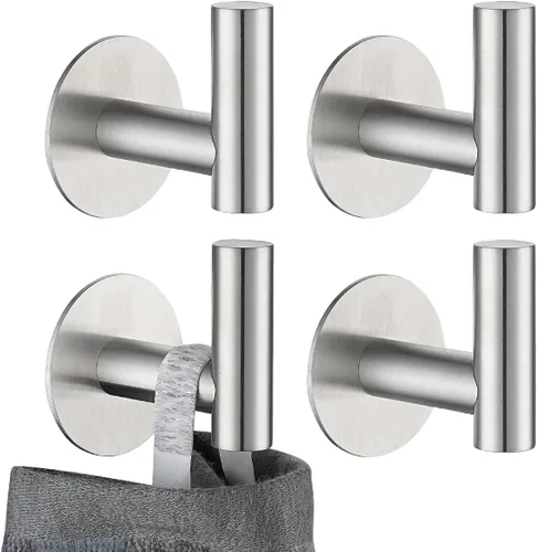 JQK - Juego de 4 ganchos adhesivos para toallas, sin necesidad de perforación, para abrigos, ropa, pared, para baño, cocina, garaje, acero Cepillado