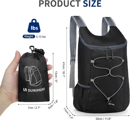 Miniatura 3 de Mochila plegable ligera para senderismo, 20 litros, para acampar, ciclismo, al aire libre, color negro