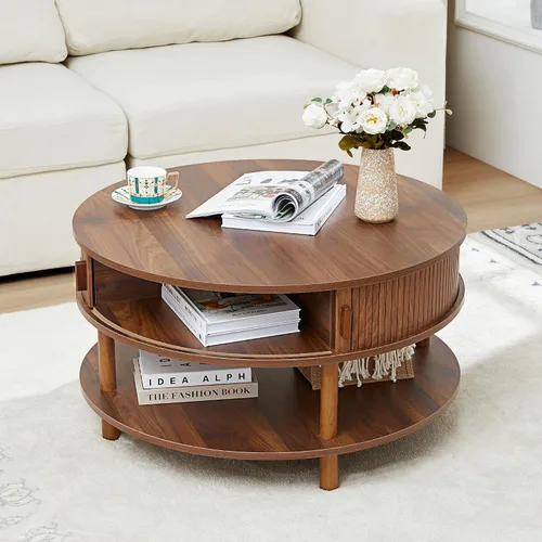 Miniatura 11 de XUZENEST - Mesa de café redonda de 31.5" con almacenamiento, mesa de café de 2 niveles de mediados de siglo moderna con puerta deslizante de tambor