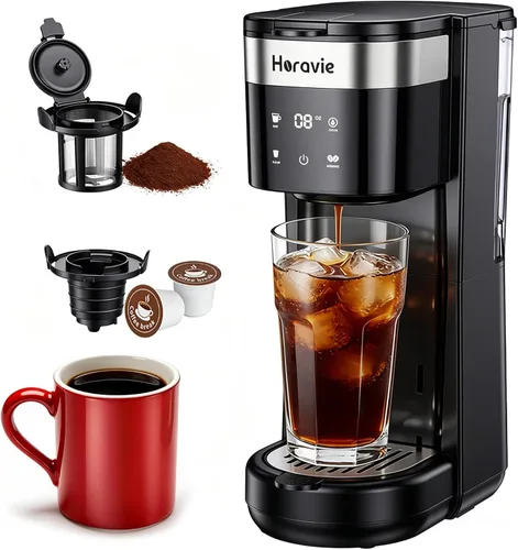 Cafetera de una sola porción todo en 1, apta para taza de viaje de 7.8 pulgadas, cafetera caliente y helada K Cup con 5 tamaños de preparación,