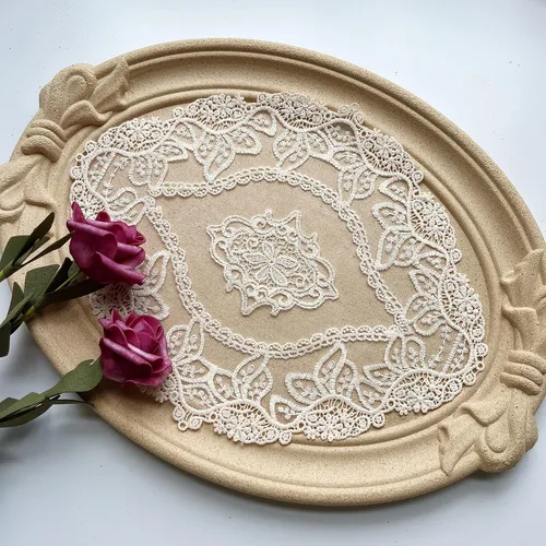 Juego de 2 manteles individuales de encaje de estilo francés beige, ovalados bordados vintage para mesa, exquisito tapete para jarrón y bufanda,