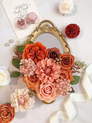 Miniatura 186 de FACINOC Ramos de Rosas Artificiales Naranjas, Juego de Caja de Flores Artificiales con Tallos para DIY, Bodas, Despedidas de Soltera, Decoraciones