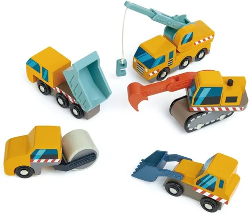 Miniatura 3 de Tender Leaf Toys - Sitio de construcción - Cuatro vehículos pesados con camión grúa, rodillo de carretera, camión volquete y cargador frontal
