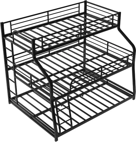 Miniatura 5 de Flieks Cama triple de metal individual XL sobre matrimonial XL sobre cama Queen con escaleras, litera para familia, adolescentes, no necesita somier