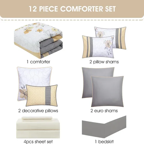 Miniatura 4 de Stratford Park Fantástico juego de edredón floral de 12 piezas, tamaño King, diseño moderno, gris/amarillo, falda de cama a juego, almohadas y Gris-1