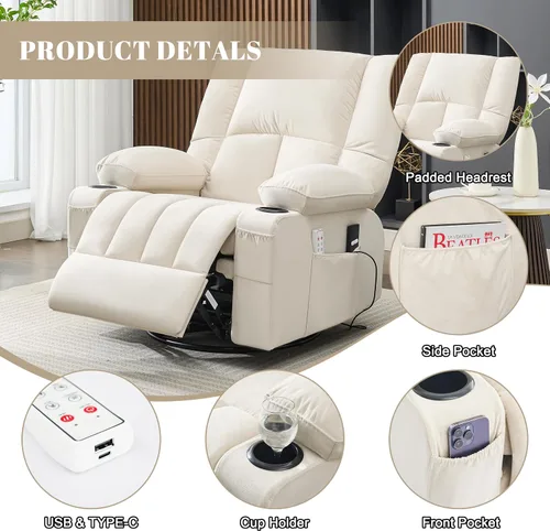 Miniatura 6 de Sillas Reclinables de Gran Tamaño para Adultos, Sillón Reclinable Giratorio Mecedora con Calor y Masaje Lazy Boy, Sillas Reclinables Asiento