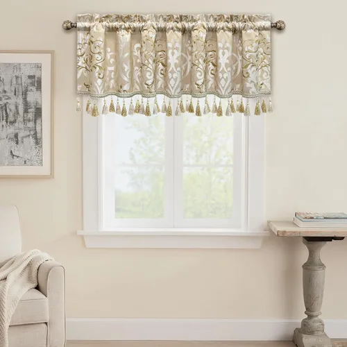 Miniatura 27 de Loom and Mill Cenefas de jacquard de lujo para ventana de sala de estar, elegante cenefa de cortina de damasco beige con ribete de cuentas, cortina