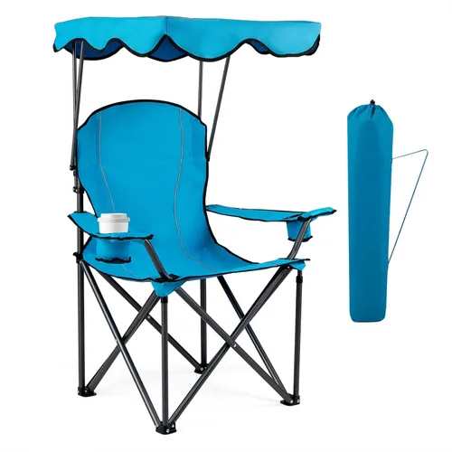 Miniatura 11 de Goplus Silla de camping con toldo plegable, con soporte para sombrilla y bolsa de transporte, silla portátil para adultos para playa, viajes al aire