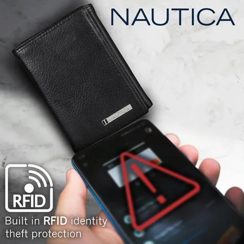 Miniatura 63 de Nautica Men's Trifold Wallet RFID Blocking Protection ID Window Card Slots Genuine Leather Durable