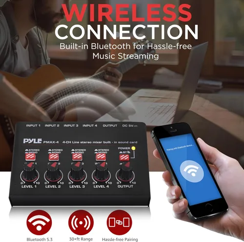 Miniatura 5 de Pyle Mezclador de línea inalámbrico Bluetooth 5.0 de 4 canales - Interfaz de audio USB - 4 entradas mono/estéreo - Ruido ultrabajo - Alto margen