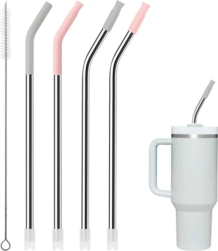 Miniatura 14 de 4 popotes reutilizables de metal para vaso de 40 onzas, popote largo de acero inoxidable con puntas de silicona coloridas, popote para vasos de Negro