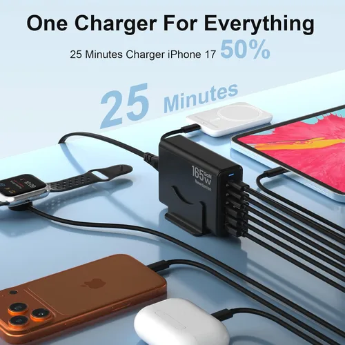 Miniatura 3 de Estación de carga USB C GaN de 165 W, cargador de escritorio de 6 puertos [3 USB-C PD + 3 USB-A], cargador rápido multidispositivo con cable de 5