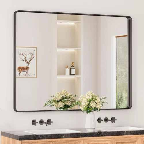 Miniatura 39 de Keonjinn Espejos de baño negros para sobre el fregadero, espejos cuadrados grandes de 36 x 36 pulgadas para pared, espejo rectangular redondeado