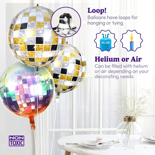 Miniatura 5 de HOUSE OF PARTY Globos de bola de discoteca 4D dorados y negros, 6 unidades, globos de aluminio de Mylar de 22 pulgadas para decoraciones de fiesta