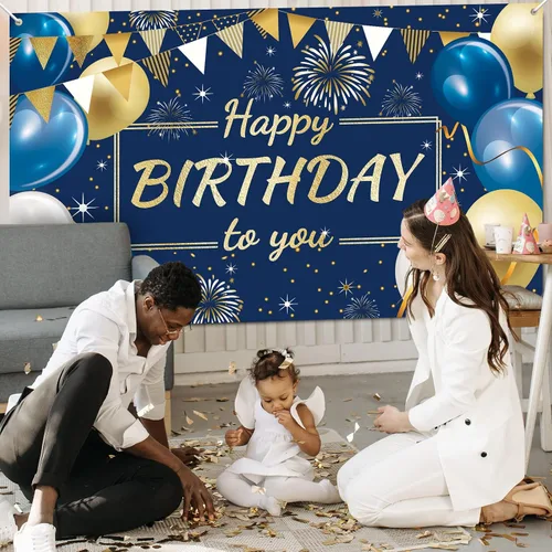 Miniatura 4 de Cartel de fondo de decoración de feliz cumpleaños, fondo de fotos para niños, niñas, hombres y mujeres, 72.8 x 43.3 pulgadas (azul marino y dorado)