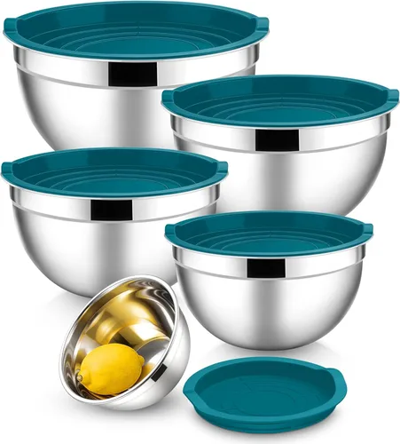 Miniatura 20 de E-far Tazones para mezclar con tapas, juego de 6 piezas de tazones para ensalada de acero inoxidable, tazones de metal anidables para hornear, Azul