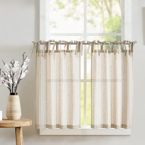 Miniatura 45 de jinchan - Cortinas de lino a rayas para cocina de 20 pulgadas de largo, cortinas de varios niveles, estilo granja moderna de café, tratamientos