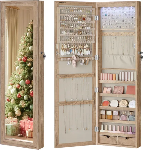 Miniatura 44 de Songmics - UJJC93W - Armario para joyas que se puede cerrar con llave, de montaje en pared o puerta, con espejo de 6 luces LED, para organización