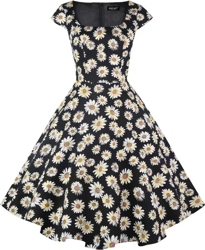 PUKAVT - Vestido de cóctel para mujer, diseño con manga casquillo, vestido de fiesta de estilo retro acampanado de los años 1950, con bolsillos