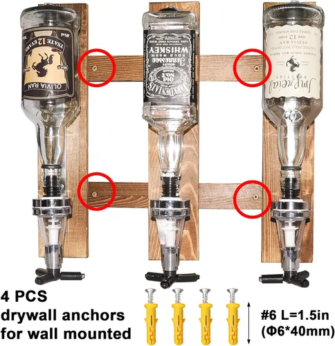 Miniatura 5 de Dispensador de licor montado en la pared de 2 botellas, estante de pared de madera para bar en casa, dispensador de bebidas de vidrio para fiestas